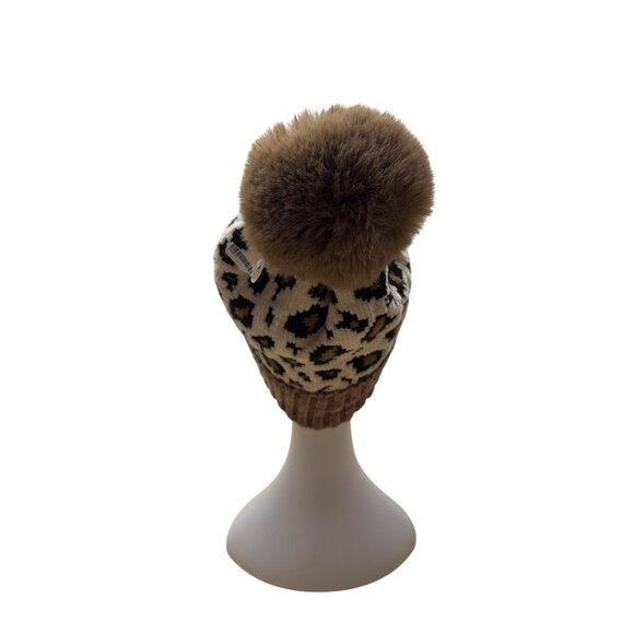 Leopard Print Knit Beanie With Faux Fur Pom Brown Ribbed - Picture 3 of 7